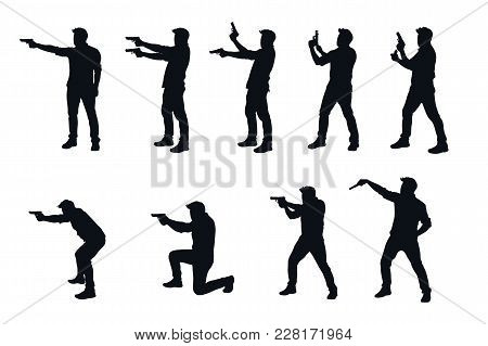 Illustration Of Man With Gun Silhouette In Different Poses In Set On White Background