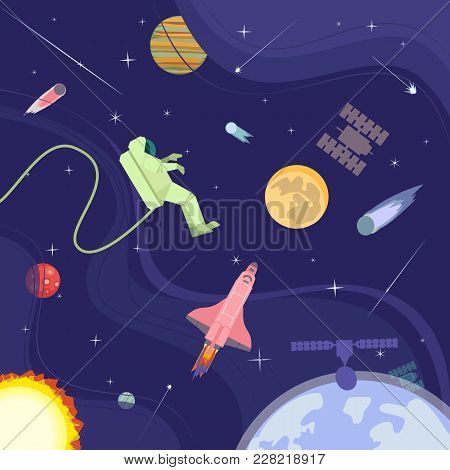 Astronaut In Outerspace. Colorful Abstract Cartoon. Shuttle Rocket, Satellite In Cosmos. Moon, Earth