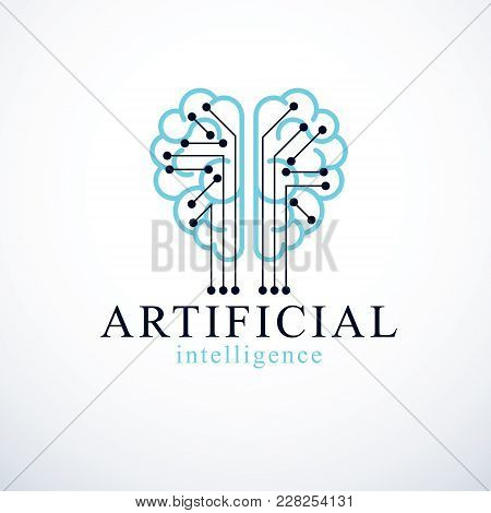 Artificial Intelligence Concept Vector Logo Design. Human Anatomical Brain With Electronics Technolo
