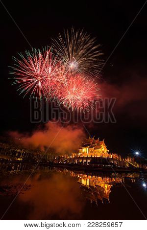 Fireworks Celebrate The New Year 2018 At Rajapruek Royal Park, Chiang Mai With Beutiful Light Of Hor