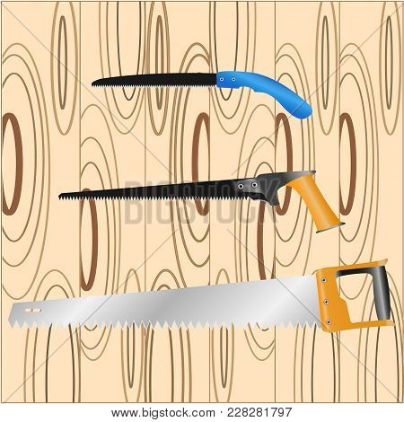 Vector Illustration Hand Saw Located On Backgraund  Wooden Boards