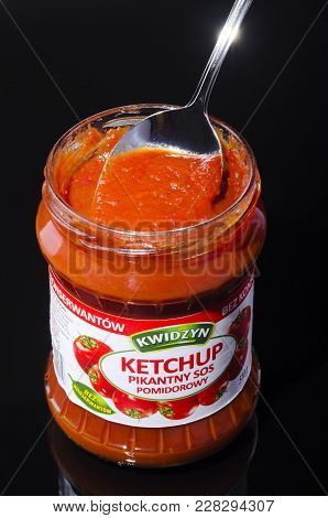 Kwidzyn, Poland - February 21, 2018: Kwidzyn Ketchup On Gradient Background. Kwidzyn Ketchup Is Prod