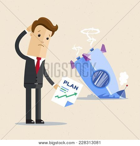 Businessman With Plan And Rocket Crashed. Business Failure, The Rocket Fall Down. Vector Flat Illust