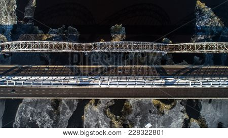 Aerial View Of The City, Ukraine. Dnieper River With Bridges. Darnitskiy Bridge. Combined Railway An