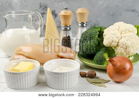 Chicken Fillet, Broccoli, Cauliflower And Other Products. Ingredients For Cooking Casseroles With Ch
