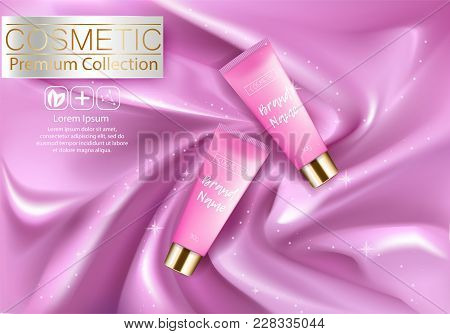 Cosmetic Ads Design Template. Realistic Tube Cream On Silk Texture Background. Beautiful Premium Sto