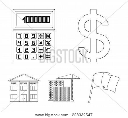 Calculator, Dollar Sign, New Building, Real Estate Offices. Realtor Set Collection Icons In Outline 