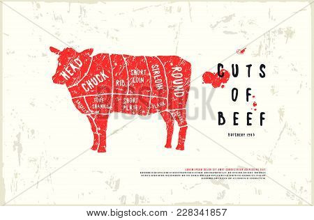 Stock Vector Beef Cuts Diagram In The Style Of Handmade Graphics. Illustration With Rough Texture. C