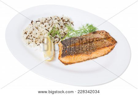 Griiled Salmon Fillet With Basmati Rice And Lemon. Isolated On A White Background.