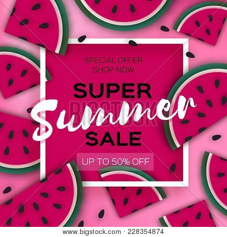 Watermelon Super Summer Sale Banner In Paper Cut Style. Origami Juicy Ripe Watermelon Slices. Health