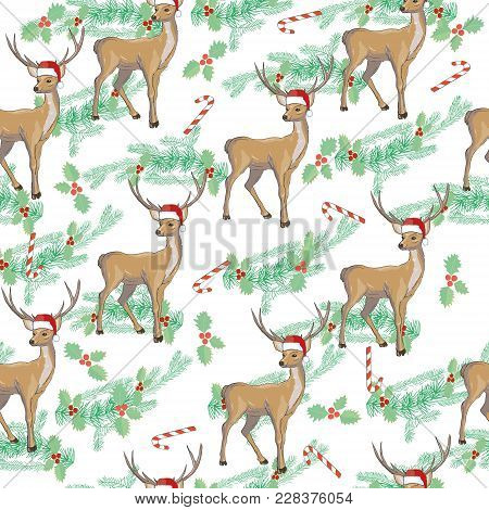 Christmas Deer Vector Seamless Pattern Illustration. Reindeer Vector Head With Horn And Santa Hat