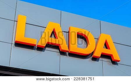 Samara, Russia - February 24, 2018: Dealership Sign Lada On The Office Of Official Dealer. Lada Is A