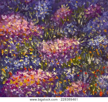 Original Handmade Abstract Oil Painting Bright Flowers Made Palette Knife. Red, Yellow, Blue, Purple