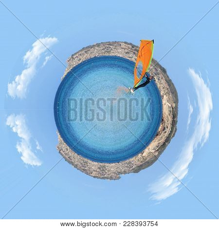 Windsurfer Enjoying A Summer Day In A Mediterranean Sea, Little Planet Effect Know Also As Stereogra