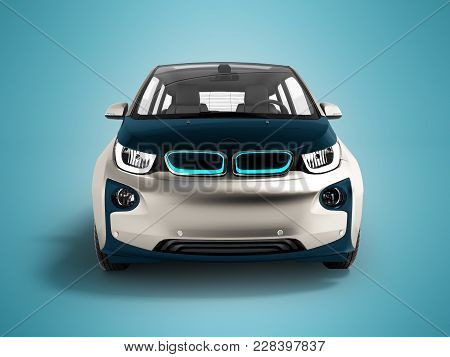 Modern Electric Car Dark Blue Gray Front 3d Rendering On Blue Background With Shadow