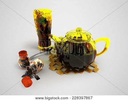 Concept Black Tea In Glassware Welding 3d Rendering On Gray Background With Shadow