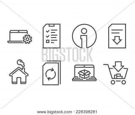 Set Of Interview, Online Delivery And Notebook Service Icons. Update Document, Download File And Sho