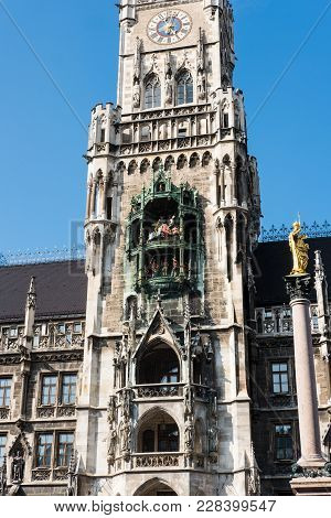 Rathaus-glockenspiel Clock Tower At Marienplatz, In Munich, Germany