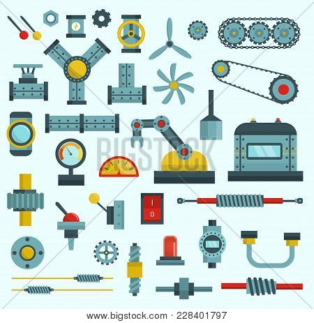 Parts Of Machinery Flat Icons Set Manufacturing Work Detail Design. Gear Mechanical Equipment Part I