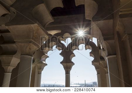Malaga, Spain- January 22,2018: Historic Monument, La Alcazaba,palatial Fortification. Multifoil Arc