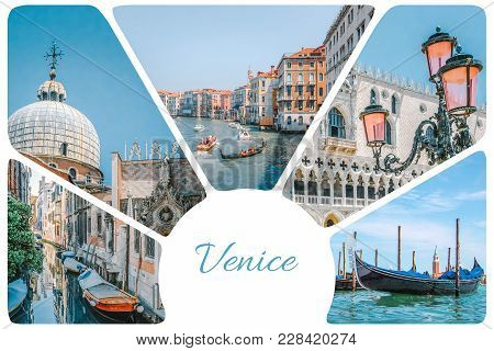 Photo Collage From Venice - Gondolas, Canals, Street Lights With Pink Glass, Dodge Palace, Set Of Tr