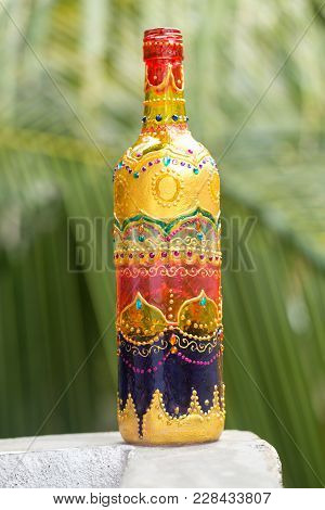 Decorative Glass Bottle Is Painted And Decorated With Rhinestones