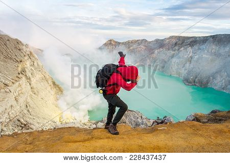 View From Ijen Crater, Sulfur Fume At Kawah Ijen, Vocalno In Indenesia