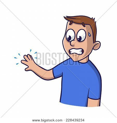 Puzzled Man Looks At His Tingling Hand With Imaginary Blue Waves. Isolated Flat Illustration On Whit