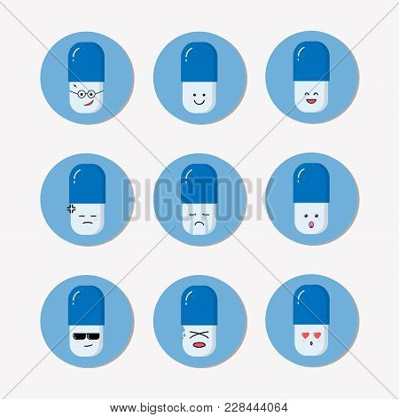 Pills, Capsule Emoji Set. Cute Medicine Carrtoon Icon Flat Style Vector.