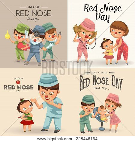 Set Red Nose Day Greeting Card, Medical Doctor In Hospital With Stethoscope Helping Little Patient W