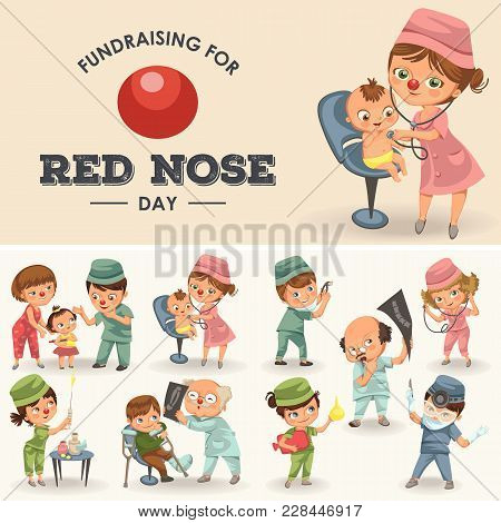 Set Red Nose Day Greeting Card, Medical Doctor In Hospital With Stethoscope Helping Little Patient W
