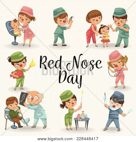 Set Red Nose Day Greeting Card, Medical Doctor In Hospital With Stethoscope Helping Little Patient W