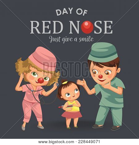 Happy Red Nose Day, Mother Brought Her Daughter To Medical Doctor In Hospital, Mom Fun Clownnose And