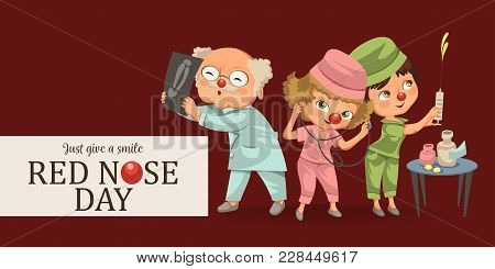 Set Red Nose Day Greeting Card, Medical Doctor In Hospital With Stethoscope Helping Little Patient W