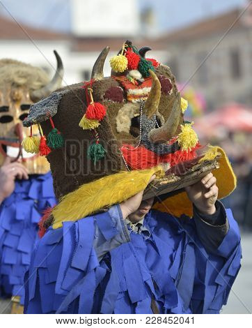 Prilep, Macedonia. February 18 , 2018- Performers From Villale Of Golemo Buchino From Bulgaria Parti