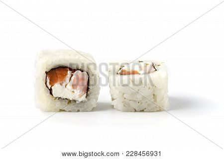 Fresh Japanese Sushi Rolls On A White Background