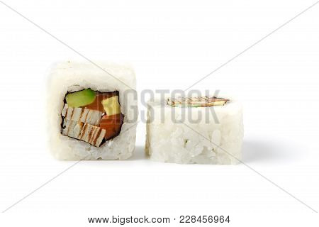 Fresh Japanese Sushi Rolls On A White Background