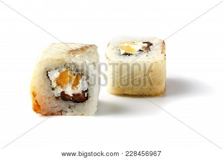 Fresh Japanese Sushi Rolls On A White Background
