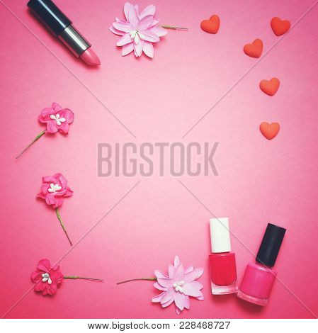 Flat Lay Frame Composition, Top View. Set Of Professional Decorative Cosmetics, Makeup Tools And Acc