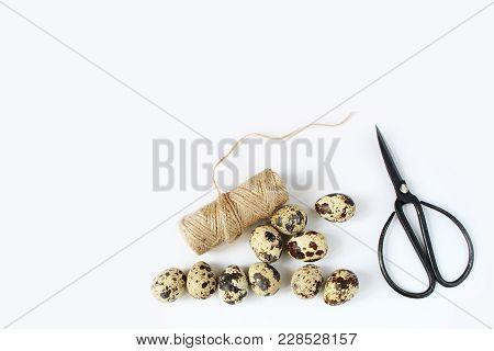 Easter, Spring Greeting Card, Invitation With Quail Eggs, Black Scissors And Natural Rope On White T