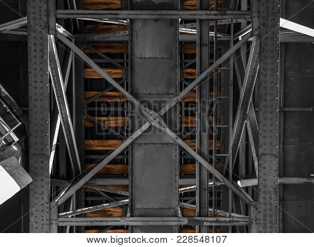Old Railway Bridge In Porto, Portugal, Black And White With Colorized Wooden Planks