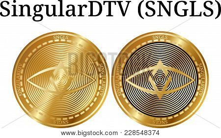 Set Of Physical Golden Coin Singulardtv (sngls), Digital Cryptocurrency. Singulardtv (sngls) Icon Se