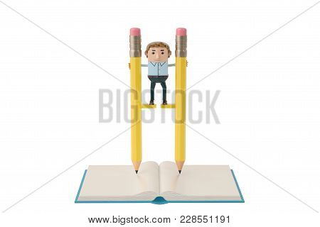 Businessman Balancing On High Pencil Stilts Attached To His Legs. 3D Illustration.