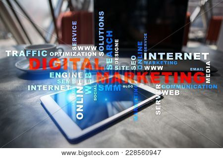 Digital Marketing Technology Concept. Internet. Online. Search Engine Optimisation Seo Smm Advertisi