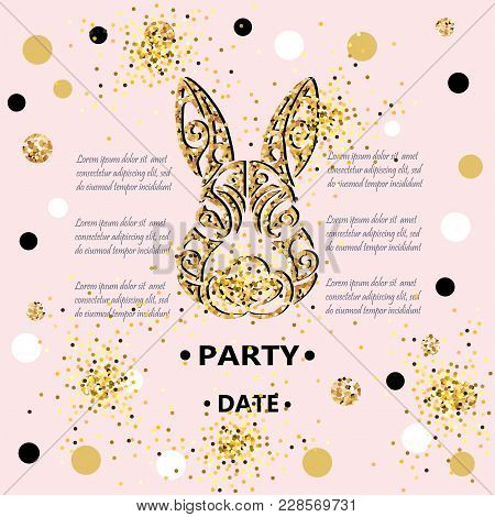 Bunny Head Isolated On Background With Golden Confetti. Rabbit Head As Baby Shower & Easter Logo, Pe