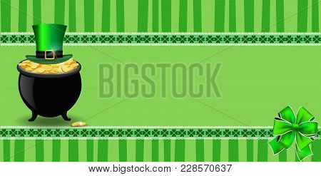 Saint Patricks Day Banner With Clover Bow, Pot Full Of Leprechauns Gold, Hat On Green Striped Backgr
