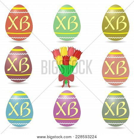 Set Of Multi-colored Easter Eggs With The Letters Xb, A Bouquet Of Yellow And Red Tulips With A Red 