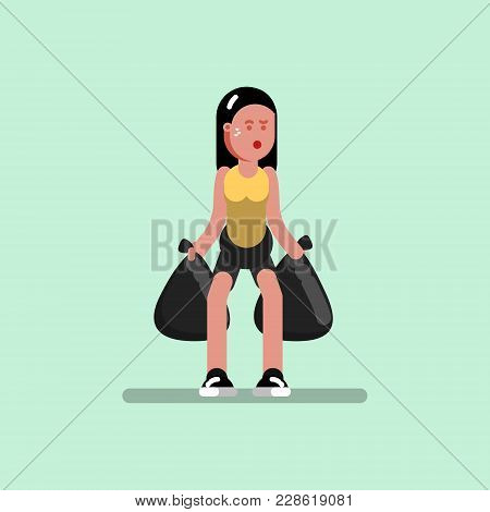 Voluntire Female With Packages With Garbage In Hands. Vector Illustration, Eps 10