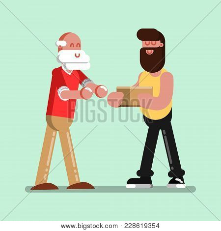Voluntire Helps To Old Man. Vector Illustration, Eps 10