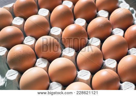 Fresh Brown Chicken Eggs In A Cardboard Tray